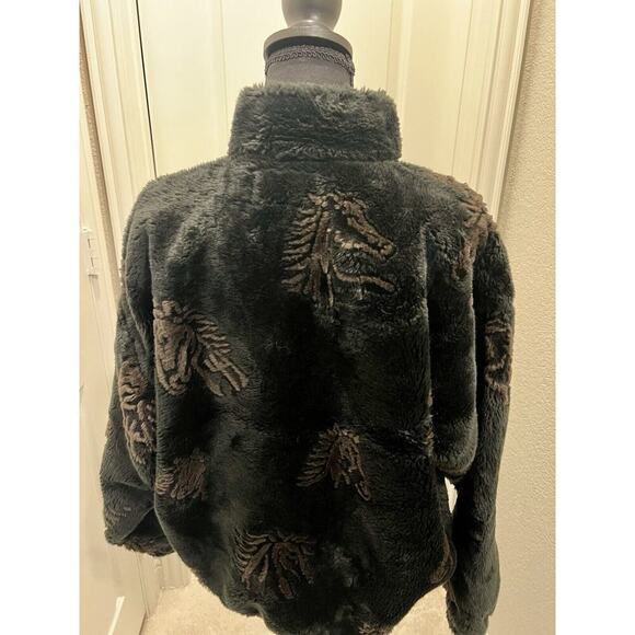 Vintage Bear Ridge Black Full Zip Faux Fur Horse Print Coat Retro Western MED - Picture 6 of 12